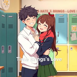 An animated scene titled 'Time Brings Love', showcasing a couple in a warm embrace within a school environment, illustrating their journey from hate to love