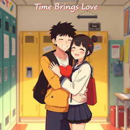 An animated scene titled 'Time Brings Love', showcasing a couple in a warm embrace within a school environment, illustrating their journey from hate to love