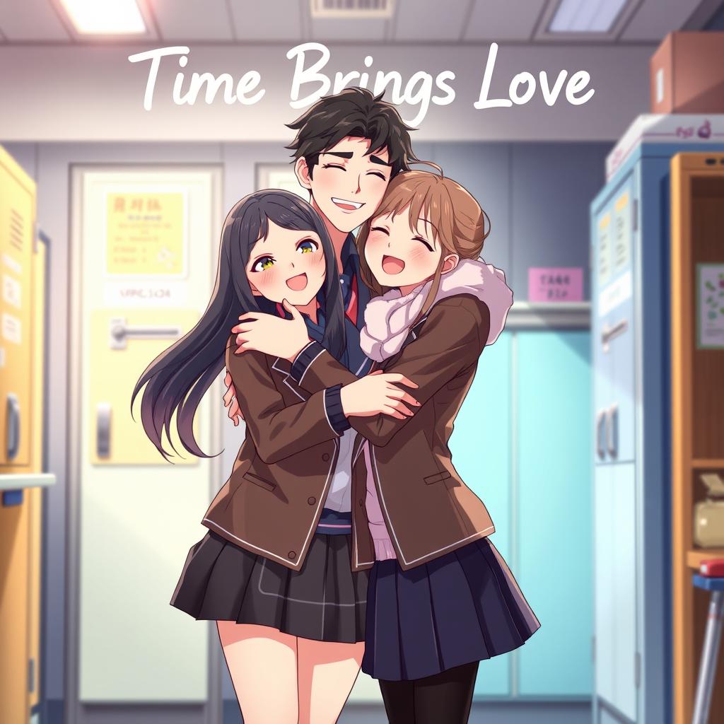 An animated scene titled 'Time Brings Love', showcasing a couple in a warm embrace within a school environment, illustrating their journey from hate to love