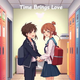 An animated scene titled 'Time Brings Love', showcasing a couple in a warm embrace within a school environment, illustrating their journey from hate to love