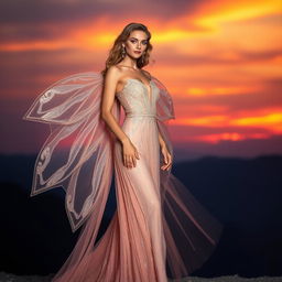 An exotic fashion model with delicate, shimmering wings, wearing a stunning, flowing evening gown that sparkles under the soft glow of twilight