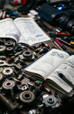 A messy workbench scattered with various car parts such as gears, wrenches, spark plugs, and a large, open car engineering book with detailed diagrams and illustrations
