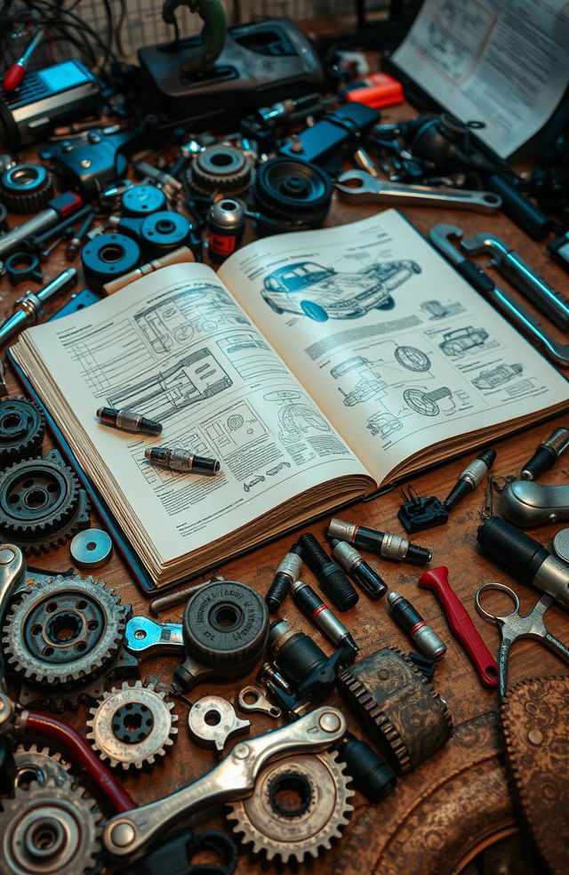 A messy workbench scattered with various car parts such as gears, wrenches, spark plugs, and a large, open car engineering book with detailed diagrams and illustrations