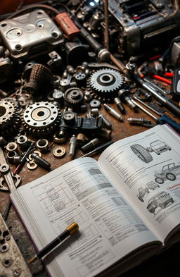 A messy workbench scattered with various car parts such as gears, wrenches, spark plugs, and a large, open car engineering book with detailed diagrams and illustrations