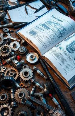 A messy workbench scattered with various car parts such as gears, wrenches, spark plugs, and a large, open car engineering book with detailed diagrams and illustrations