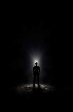 A powerful, uplifting image depicting a lone figure standing in a dark environment, illuminated by a radiant beam of light that breaks through the shadows, symbolizing hope and strength