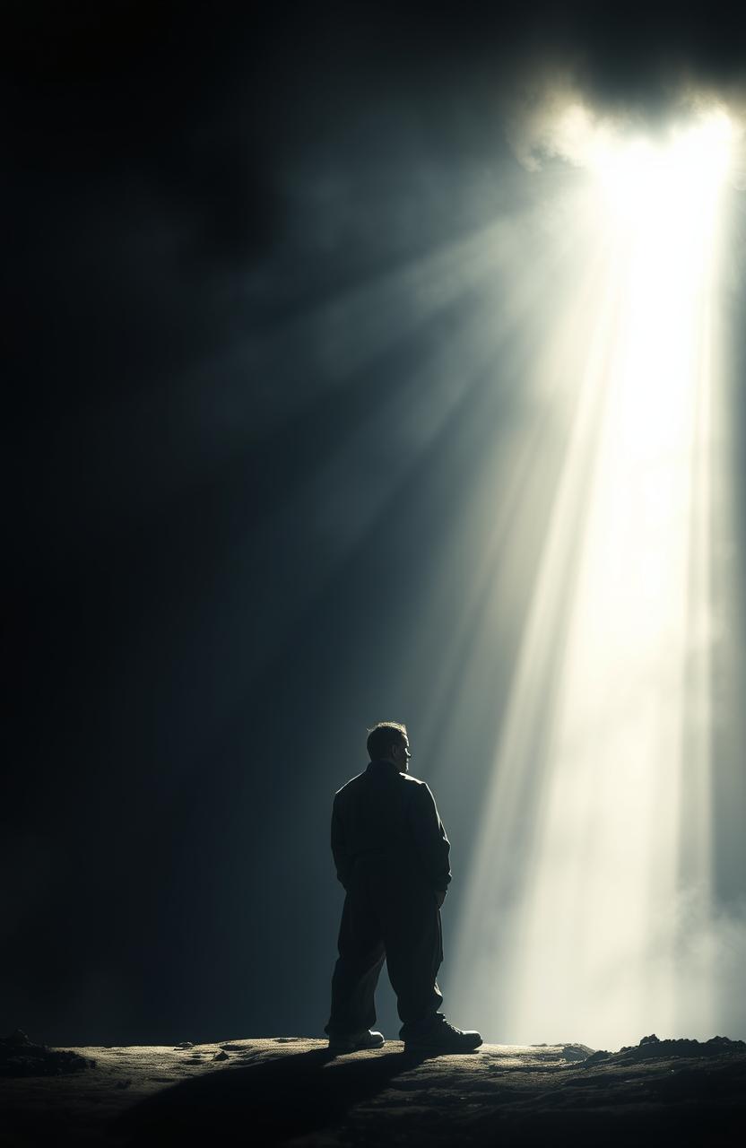 A powerful, uplifting image depicting a lone figure standing in a dark environment, illuminated by a radiant beam of light that breaks through the shadows, symbolizing hope and strength