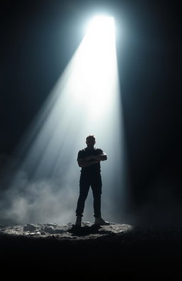A powerful, uplifting image depicting a lone figure standing in a dark environment, illuminated by a radiant beam of light that breaks through the shadows, symbolizing hope and strength