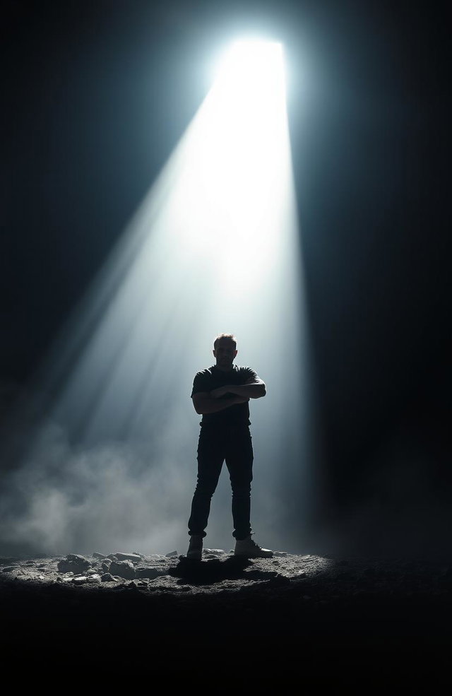 A powerful, uplifting image depicting a lone figure standing in a dark environment, illuminated by a radiant beam of light that breaks through the shadows, symbolizing hope and strength