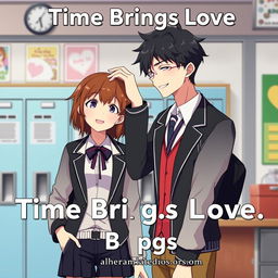 An animated scene titled 'Time Brings Love', depicting a couple in a tender moment where the taller boy gently strokes the head of the girl, showcasing their affection