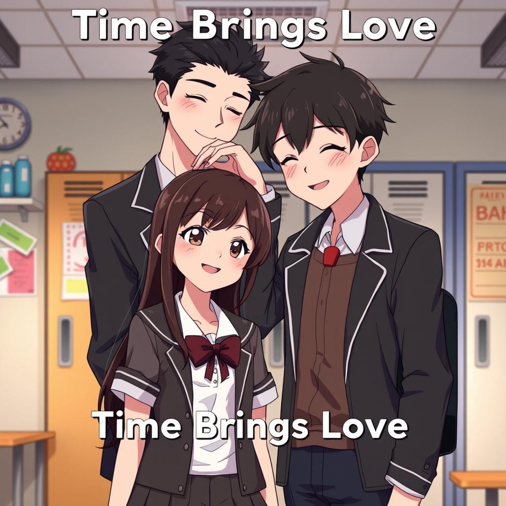 An animated scene titled 'Time Brings Love', depicting a couple in a tender moment where the taller boy gently strokes the head of the girl, showcasing their affection
