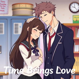 An animated scene titled 'Time Brings Love', depicting a couple in a tender moment where the taller boy gently strokes the head of the girl, showcasing their affection