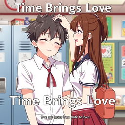 An animated scene titled 'Time Brings Love', depicting a couple in a tender moment where the taller boy gently strokes the head of the girl, showcasing their affection