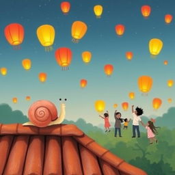 A small snail perched on a tile roof, observing colorful lanterns being released into the sky during the Lantern Festival