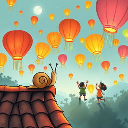 A small snail perched on a tile roof, observing colorful lanterns being released into the sky during the Lantern Festival