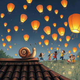 A small snail perched on a tile roof, observing colorful lanterns being released into the sky during the Lantern Festival