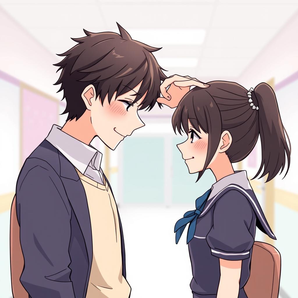 A heartwarming scene titled 'Time Brings Love', featuring a couple where the taller boy affectionately strokes the head of the girl, illustrating their transition from hate to love