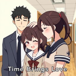 A heartwarming scene titled 'Time Brings Love', featuring a couple where the taller boy affectionately strokes the head of the girl, illustrating their transition from hate to love