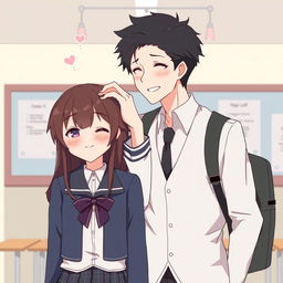 A heartwarming scene titled 'Time Brings Love', featuring a couple where the taller boy affectionately strokes the head of the girl, illustrating their transition from hate to love