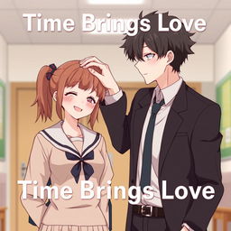 A heartwarming scene titled 'Time Brings Love', featuring a couple where the taller boy affectionately strokes the head of the girl, illustrating their transition from hate to love