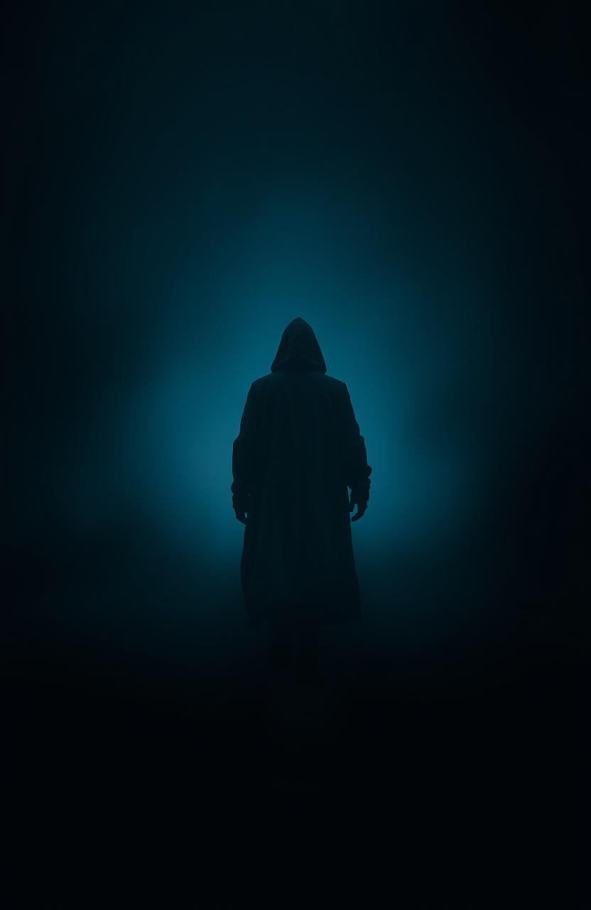 An unknown person embarking on an unexplored journey, walking down a dark and mysterious path surrounded by dense fog and shadowy trees