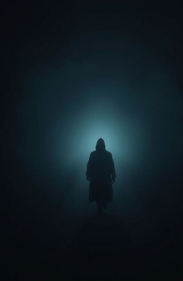 An unknown person embarking on an unexplored journey, walking down a dark and mysterious path surrounded by dense fog and shadowy trees