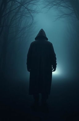 An unknown person embarking on an unexplored journey, walking down a dark and mysterious path surrounded by dense fog and shadowy trees