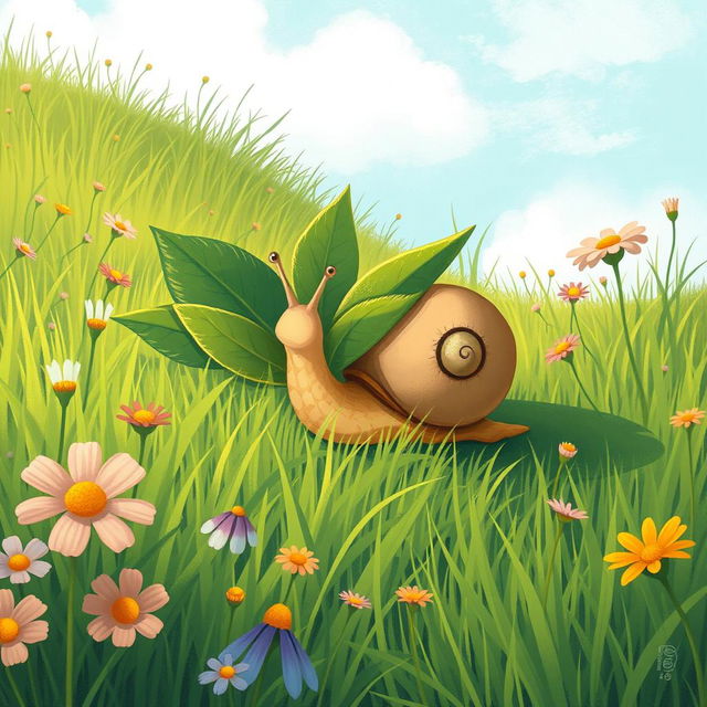 I am a little snail on a lush green meadow, determinedly working hard to carry several leaves back to my cozy home