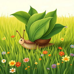 I am a little snail on a lush green meadow, determinedly working hard to carry several leaves back to my cozy home