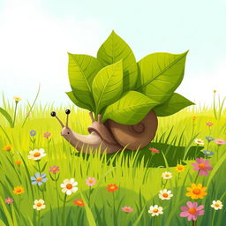 I am a little snail on a lush green meadow, determinedly working hard to carry several leaves back to my cozy home