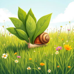 I am a little snail on a lush green meadow, determinedly working hard to carry several leaves back to my cozy home
