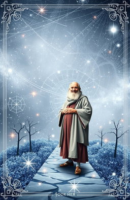 A magical book cover design featuring a silver theme, symbolizing a journey of exploration and enlightenment