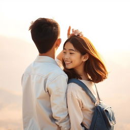 A touching scene featuring a couple where the taller boy lovingly strokes the head of the girl, as they face backward, symbolizing their gaze towards a bright and happy future