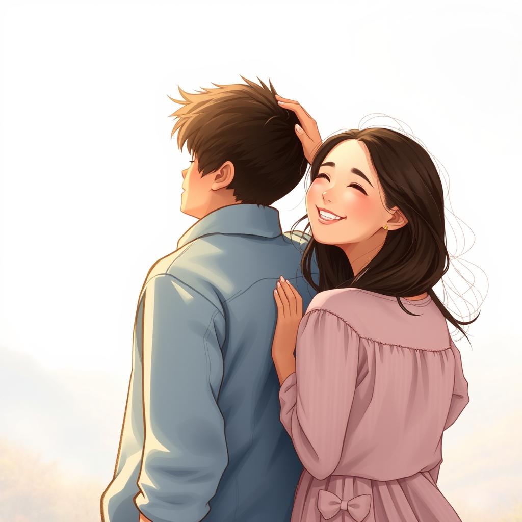 A touching scene featuring a couple where the taller boy lovingly strokes the head of the girl, as they face backward, symbolizing their gaze towards a bright and happy future