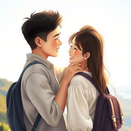 A touching scene featuring a couple where the taller boy lovingly strokes the head of the girl, as they face backward, symbolizing their gaze towards a bright and happy future