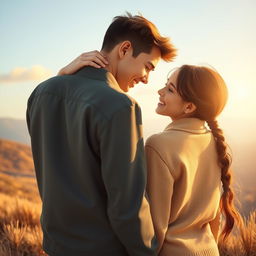 A touching scene featuring a couple where the taller boy lovingly strokes the head of the girl, as they face backward, symbolizing their gaze towards a bright and happy future