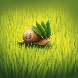 A small snail on a lush green grass field, diligently trying to carry multiple leaves back to its home