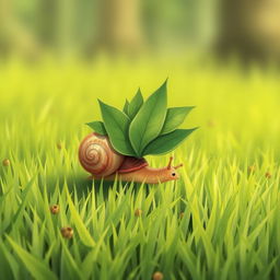 A small snail on a lush green grass field, diligently trying to carry multiple leaves back to its home