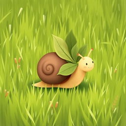 A small snail on a lush green grass field, diligently trying to carry multiple leaves back to its home