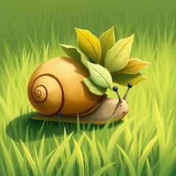 A small snail on a lush green grass field, diligently trying to carry multiple leaves back to its home
