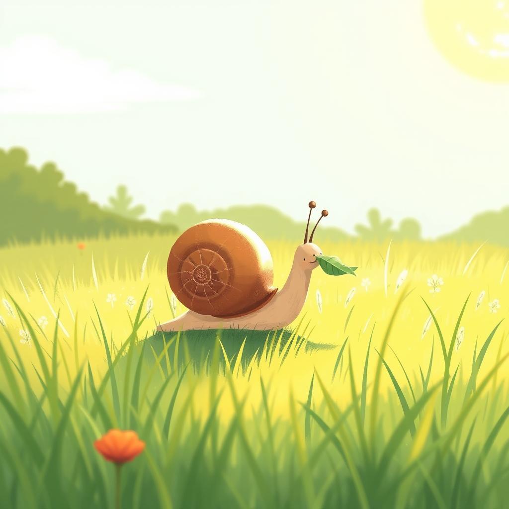 A small snail on a sunlit grass field, carrying a leaf in its mouth as it makes its way back home