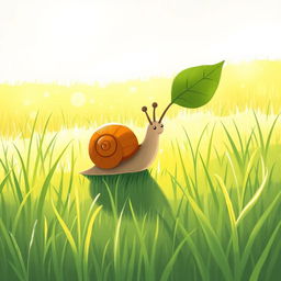 A small snail on a sunlit grass field, carrying a leaf in its mouth as it makes its way back home