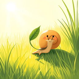 A small snail on a sunlit grass field, carrying a leaf in its mouth as it makes its way back home