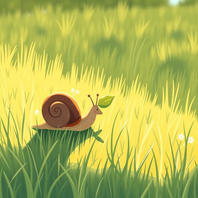 A small snail on a sunlit grass field, carrying a leaf in its mouth as it makes its way back home