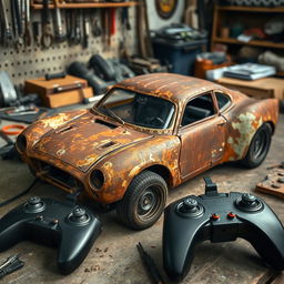 An unfinished, rusted car with an extraordinary design, featuring an artsy and unconventional shape