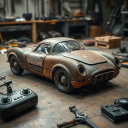 An unfinished, rusted car with an extraordinary design, featuring an artsy and unconventional shape
