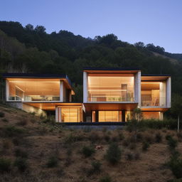 A two-block house design with stairs connecting from ground floor to the attic, nestled in hilly terrain