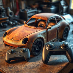 An unfinished, rusted car with an extraordinary and artistic design, highlighting unique shapes and profiles