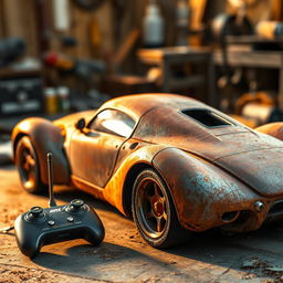 An unfinished, rusted car with an extraordinary and artistic design, highlighting unique shapes and profiles