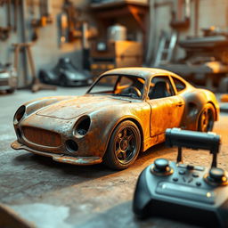 An unfinished, rusted car with an extraordinary and artistic design, highlighting unique shapes and profiles